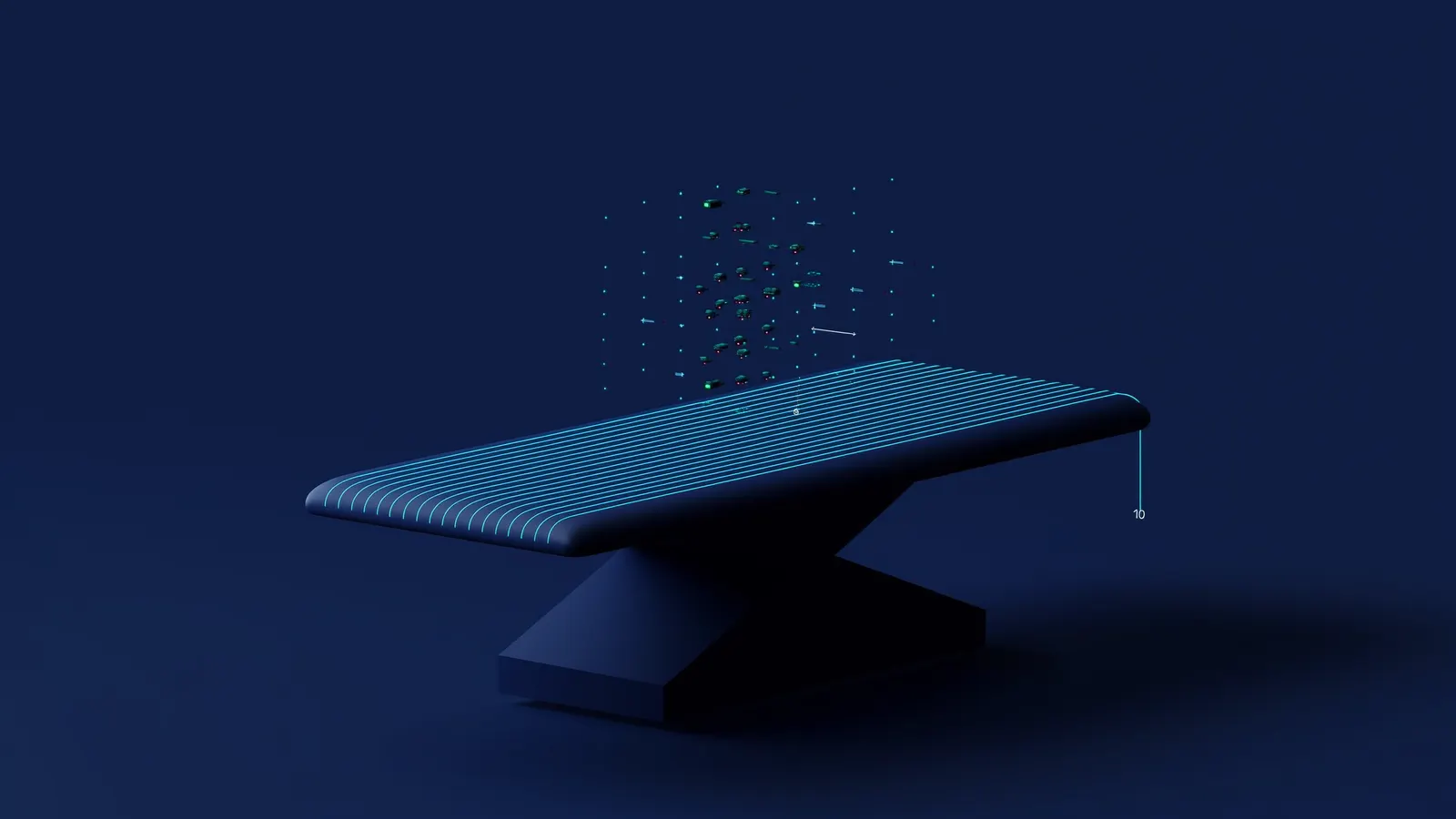 A medical examination table with calibration light lines and floating component nodes